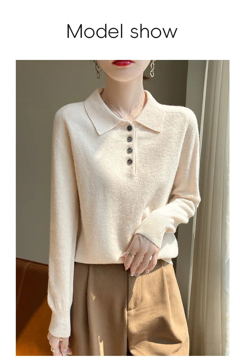 Polo Neck Pullover 100% Merino Wool Women's Solid Color Knit Top Fashion Korean Sweater Autumn and Winter Women's Clothes