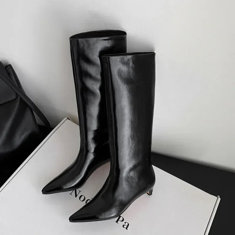 QUTAA News Fashion Winter Women Knee High Boots Pointed Toe Woman Shoes Low Kitten Heels Cow Leather Long Boots Dress Size 34-43