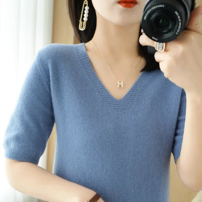 Spring/Summer 2025 Ladies Sweater Pullover Solid Color V-neck Half-sleeved Knitted Cashmere Sweater Thin Casual Top