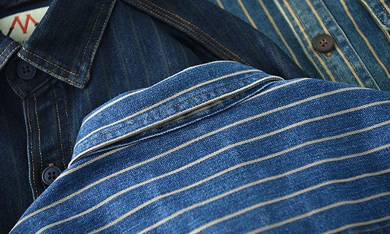 Retro Japanese Sle Men's Denim irt Cotton Long Sve Waed Striped Workwear Loose Fit Outerwear Faion Urban Youth
