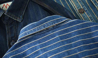 Retro Japanese Sle Men's Denim irt Cotton Long Sve Waed Striped Workwear Loose Fit Outerwear Faion Urban Youth