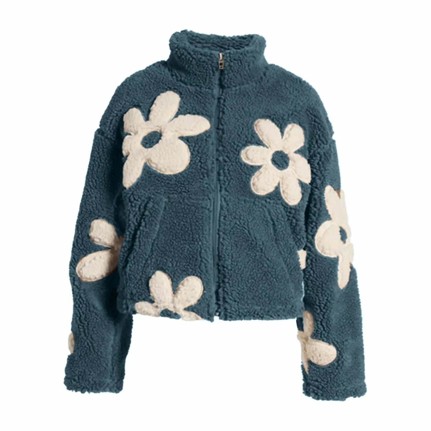 Womens Floral Fleece Jackets Winter Zipper Cropped Coat Casual Long Sleeve Outwear With Pockets Cute Plush Jacket For Women