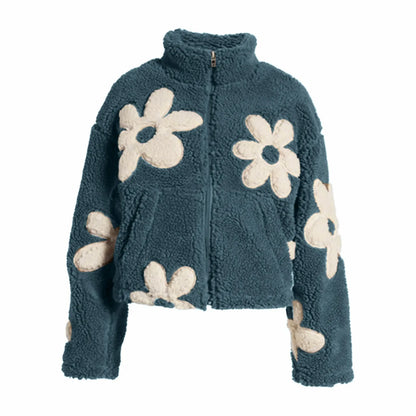 Womens Floral Fleece Jackets Winter Zipper Cropped Coat Casual Long Sleeve Outwear With Pockets Cute Plush Jacket For Women
