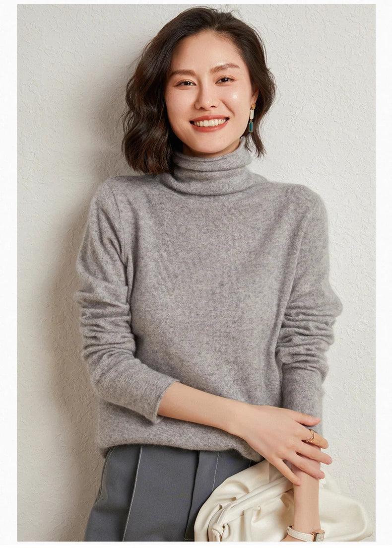 100%Merino Pure Wool Sweater Women's AutumnWinter Long Sleeve High Neck Pullover Warm High Quality Solid Color Basic Knit Jumper