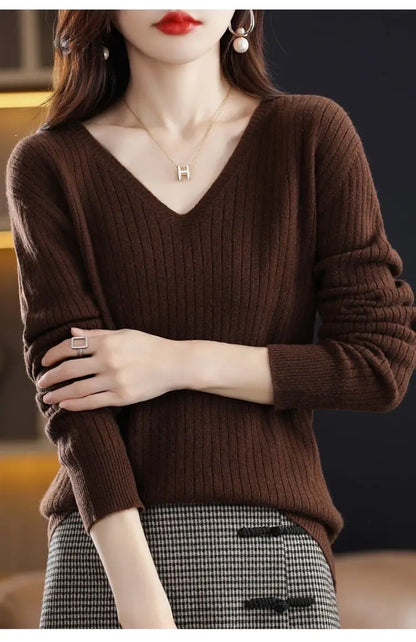 Chic Casual Autumn Winter Basic Sweater Pullovers Women V-neck Solid Knit Loose Pullover Female Long Sleeve Warm Khaki Sweater