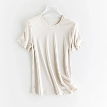 High-end New 10% Silk & Mercerized Cotton Women T-shirt Luxury Tee Short Sleeve Silky Feeling Summer Wear 2025 Tops V / O-neck