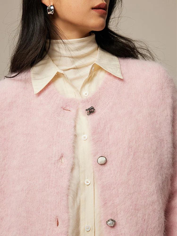 SuyaDream, Women Cardigans, 78%Alpaca, O Neck, Single breasted Solid Sweaters, 2025 Fall Winter Warm Jackets, White, Grey, Pink