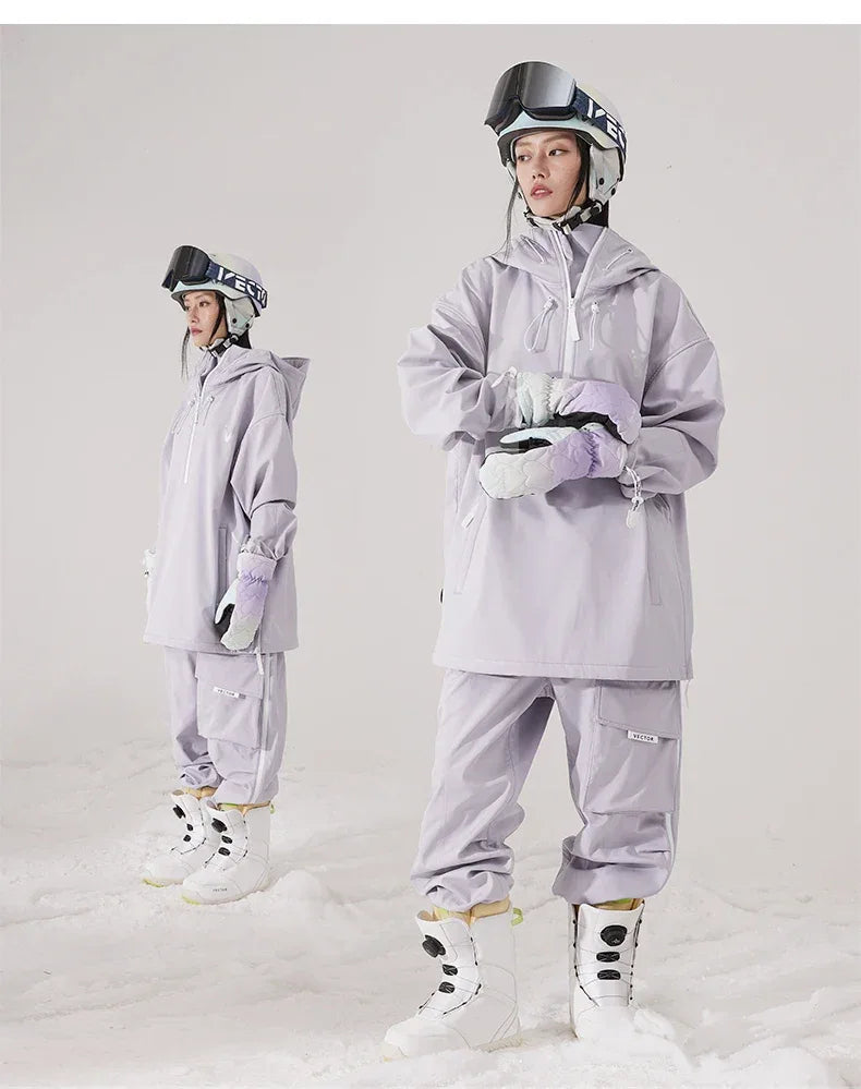 Men Women Solid Color Ski Jacket Ski Pants Warm Windproof Winter Overalls Hoodie Waterproof Outdoor Sports Clothing Snowboard