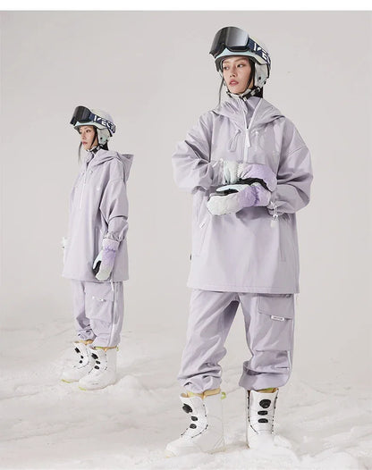 Men Women Solid Color Ski Jacket Ski Pants Warm Windproof Winter Overalls Hoodie Waterproof Outdoor Sports Clothing Snowboard