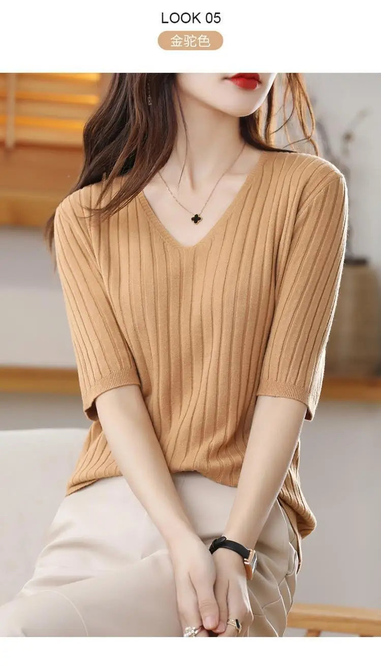 2025 New Spring Summer New Women's V-neck Short-Sleeved Exquisite Cashmere Knitted Sweater Pullover Solid Color