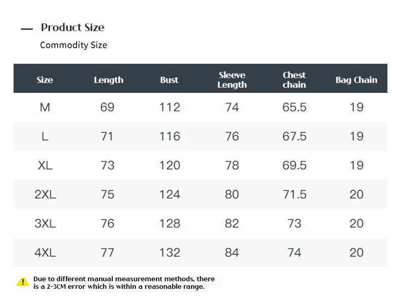 Size reference chart showing measurements for windbreaker reflective jacket
