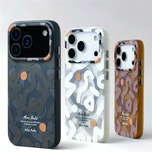 Three MagSafe iPhone 17 cases in gray, brown, and white graffiti design, front and back view