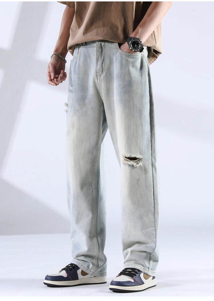 Distressed Straight Leg Jeans - Montero Milan