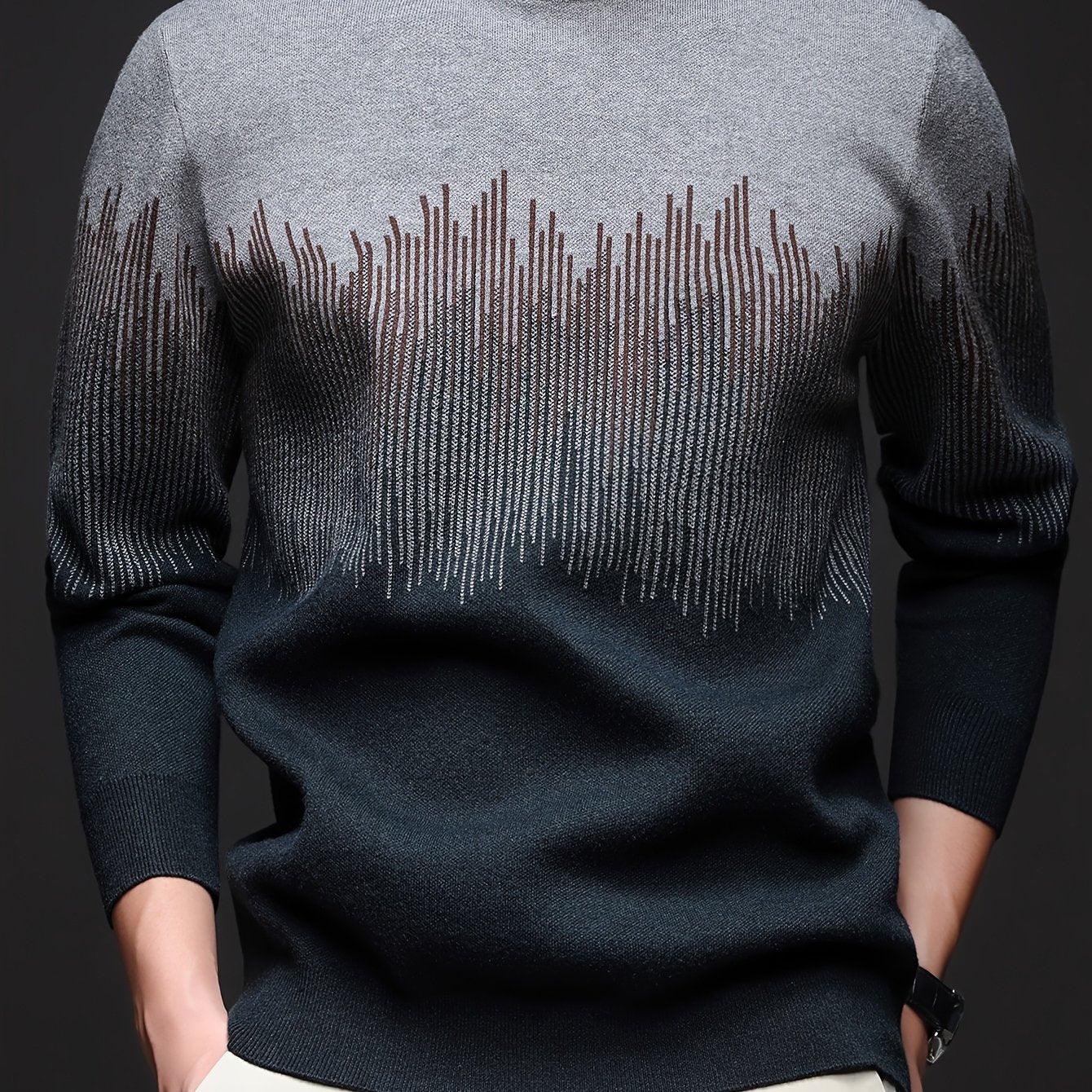 Men's Winter Warm Vertical Stripe Sweater - Dark Grey/Black Gradient Knit Pullover with Tapered Tail Hem, Casual & Outdoor Long Sleeve Round Neck Sweater for,, Office - All-Season Layering (Beige/White)