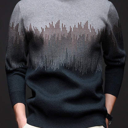 Men's Winter Warm Vertical Stripe Sweater - Dark Grey/Black Gradient Knit Pullover with Tapered Tail Hem, Casual & Outdoor Long Sleeve Round Neck Sweater for,, Office - All-Season Layering (Beige/White)