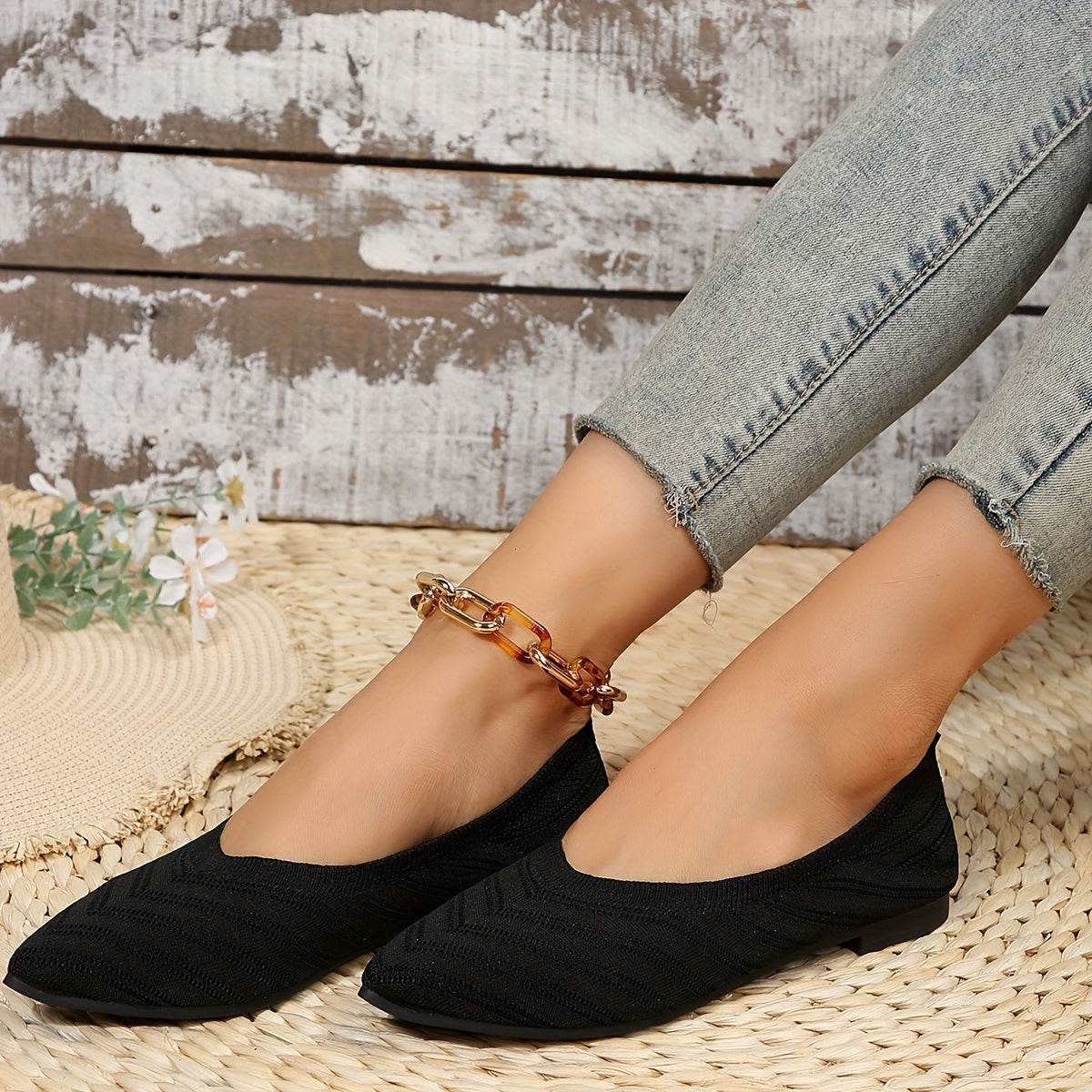 [Pointed Toe Breathable Flats] Women's Pointed Toe Flat Shoes, Solid Color Knitted Slip On Shoes, Casual Breathable Ballet Flats - Montero Milan