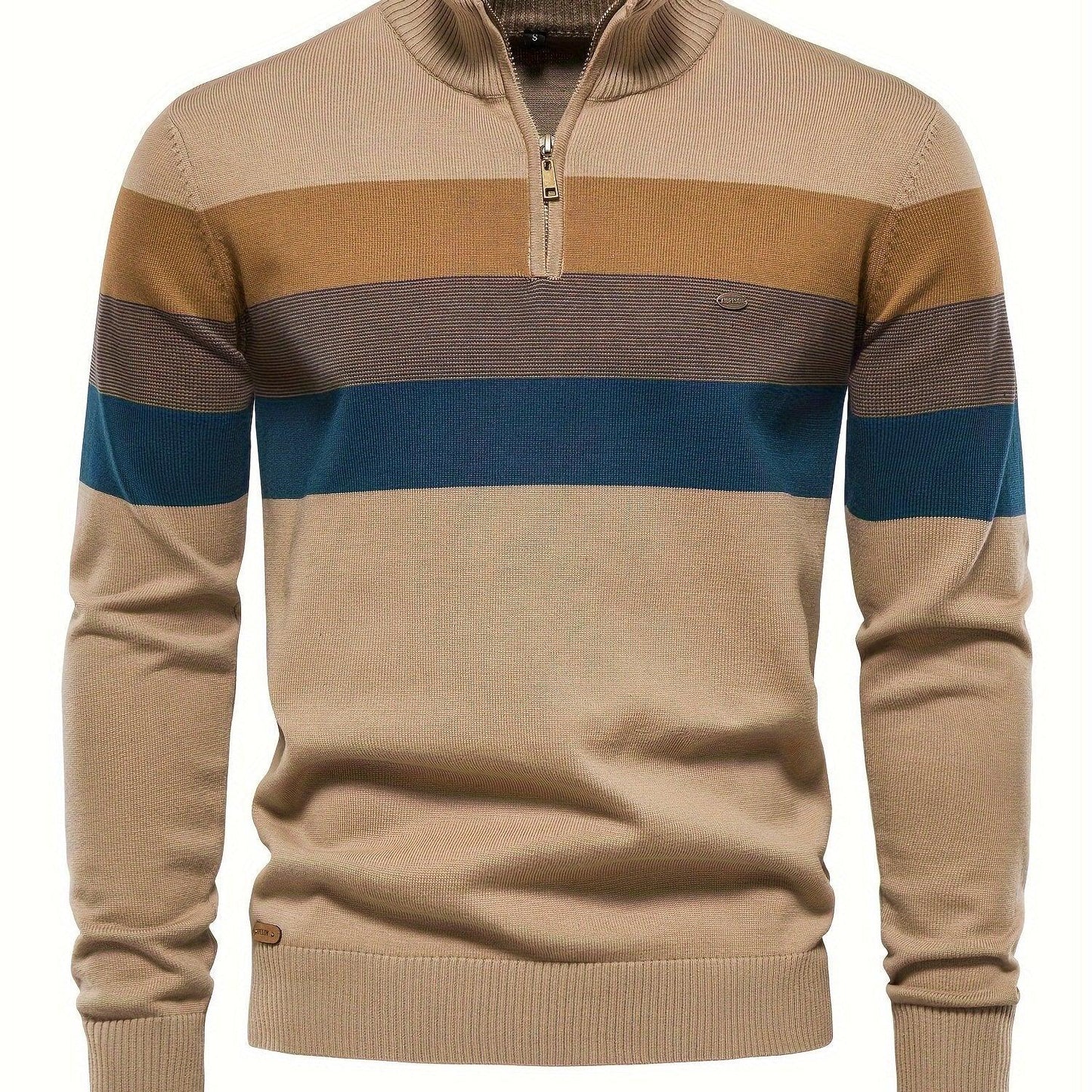 Men'S Thermal Stand Collar Sweater - Winter Knit Sweater with Zipper Closure, Black/Blue/Gray Horizontal Stripes, Regular Fit Pullover for Cold Weather, Formal & Everyday Outfits - Easy Care Sweater for Men, Sweater Zip Up, C