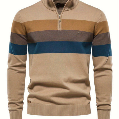 Men'S Thermal Stand Collar Sweater - Winter Knit Sweater with Zipper Closure, Black/Blue/Gray Horizontal Stripes, Regular Fit Pullover for Cold Weather, Formal & Everyday Outfits - Easy Care Sweater for Men, Sweater Zip Up, C