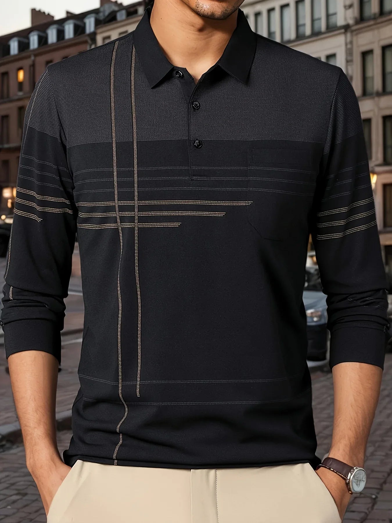 Men's Vintage-Inspired Striped Shirt with Chest Pocket - Breathable, Long Sleeve, Button Detail for Golf & Outdoor Activities