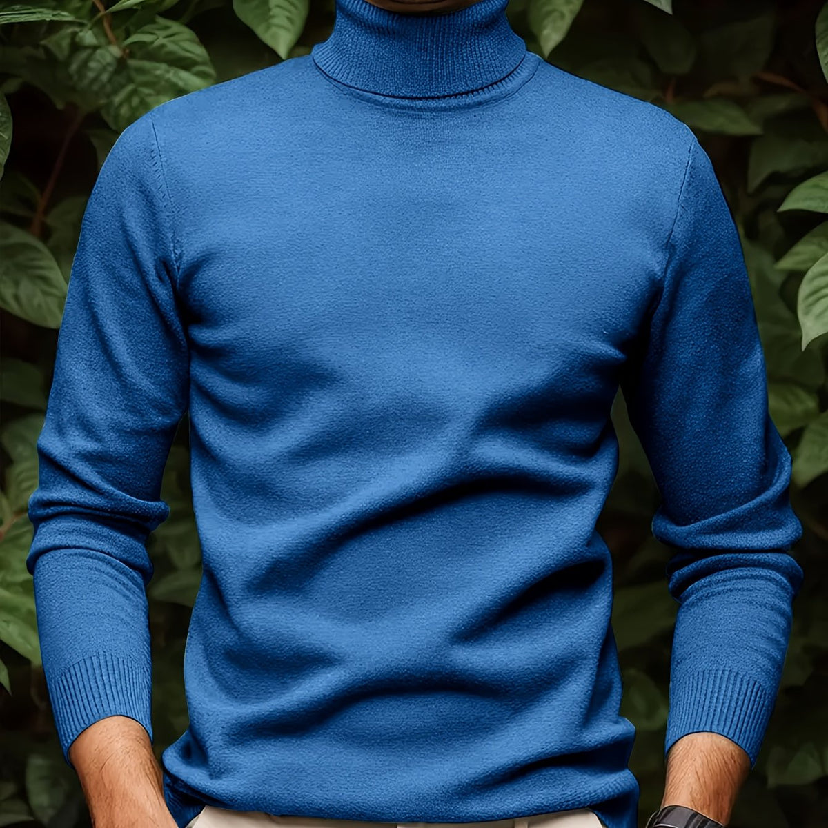 Cross-border New Autumn-Winter Men's Solid Color Turn- Collar Pullover Knit Sweater - Vibrant Blue / NZ 36