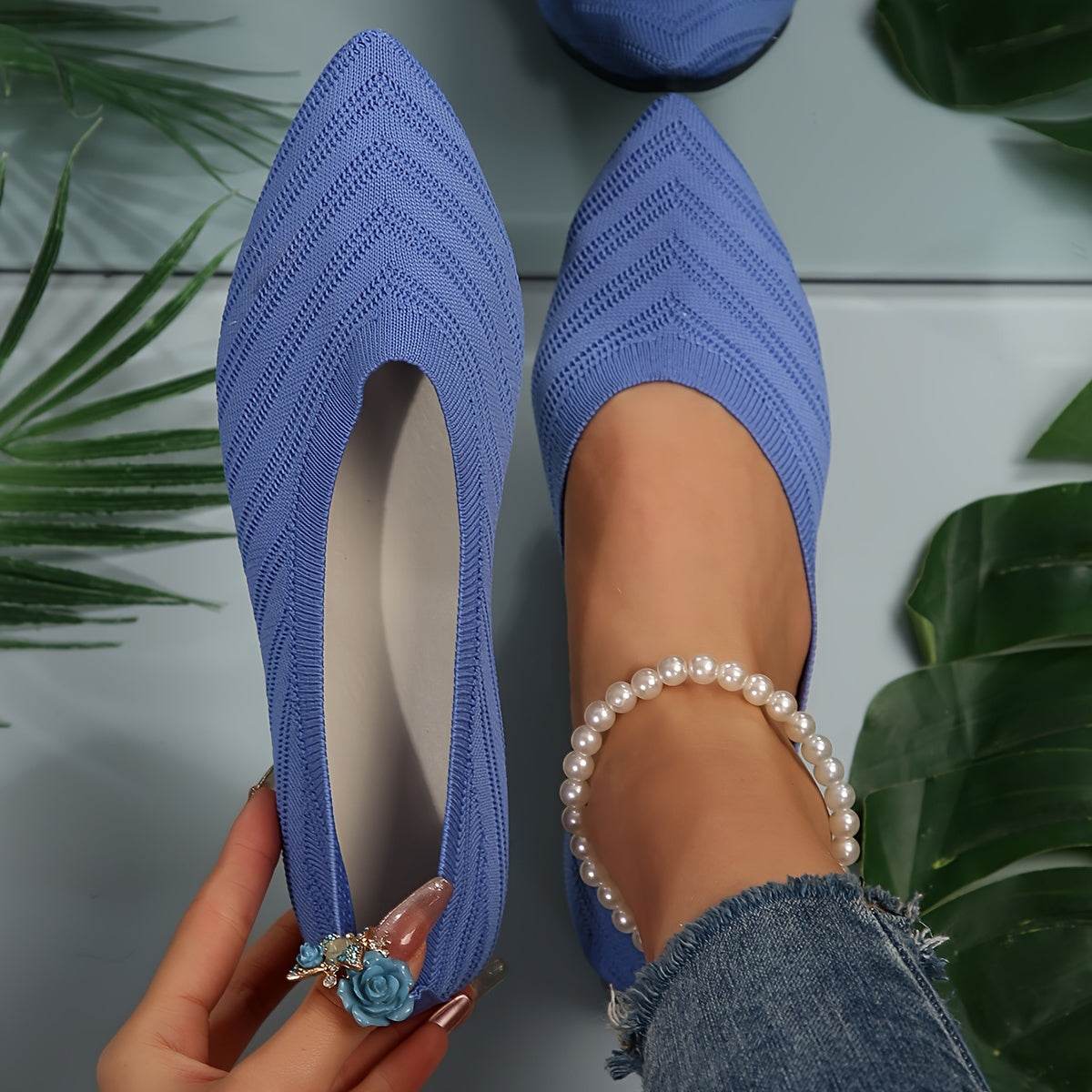 [Pointed Toe Breathable Flats] Women's Pointed Toe Flat Shoes, Solid Color Knitted Slip On Shoes, Casual Breathable Ballet Flats - Montero Milan