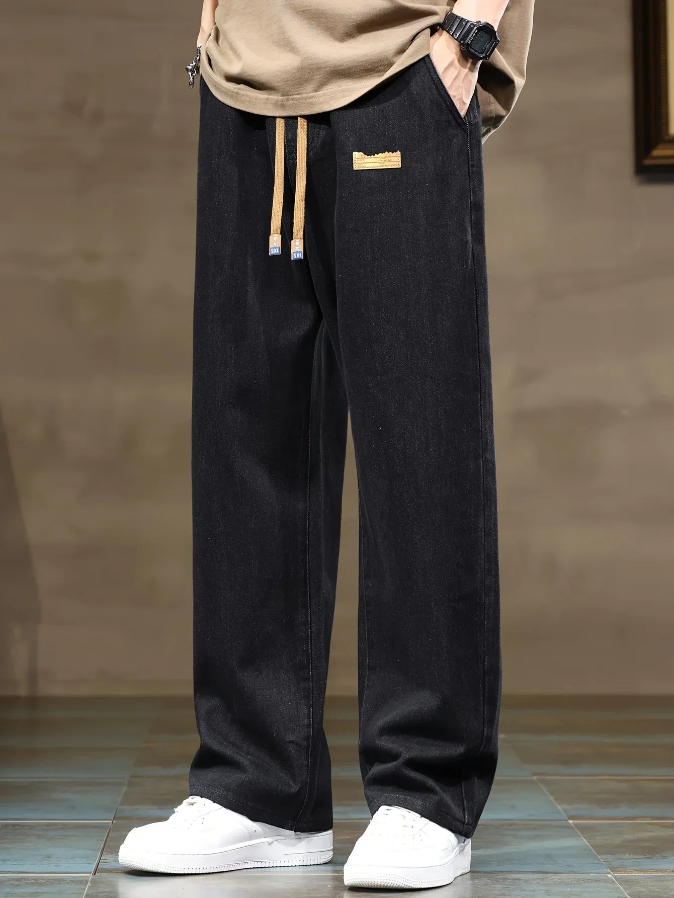 Men's Korean Style Light Blue Jeans 2025 Spring/Autumn New Washed Durable Comfortable Drawstring Straight-Leg Pants, Stylish and Versatile Casual Trousers Suitable for All Seasons by Gengyuan