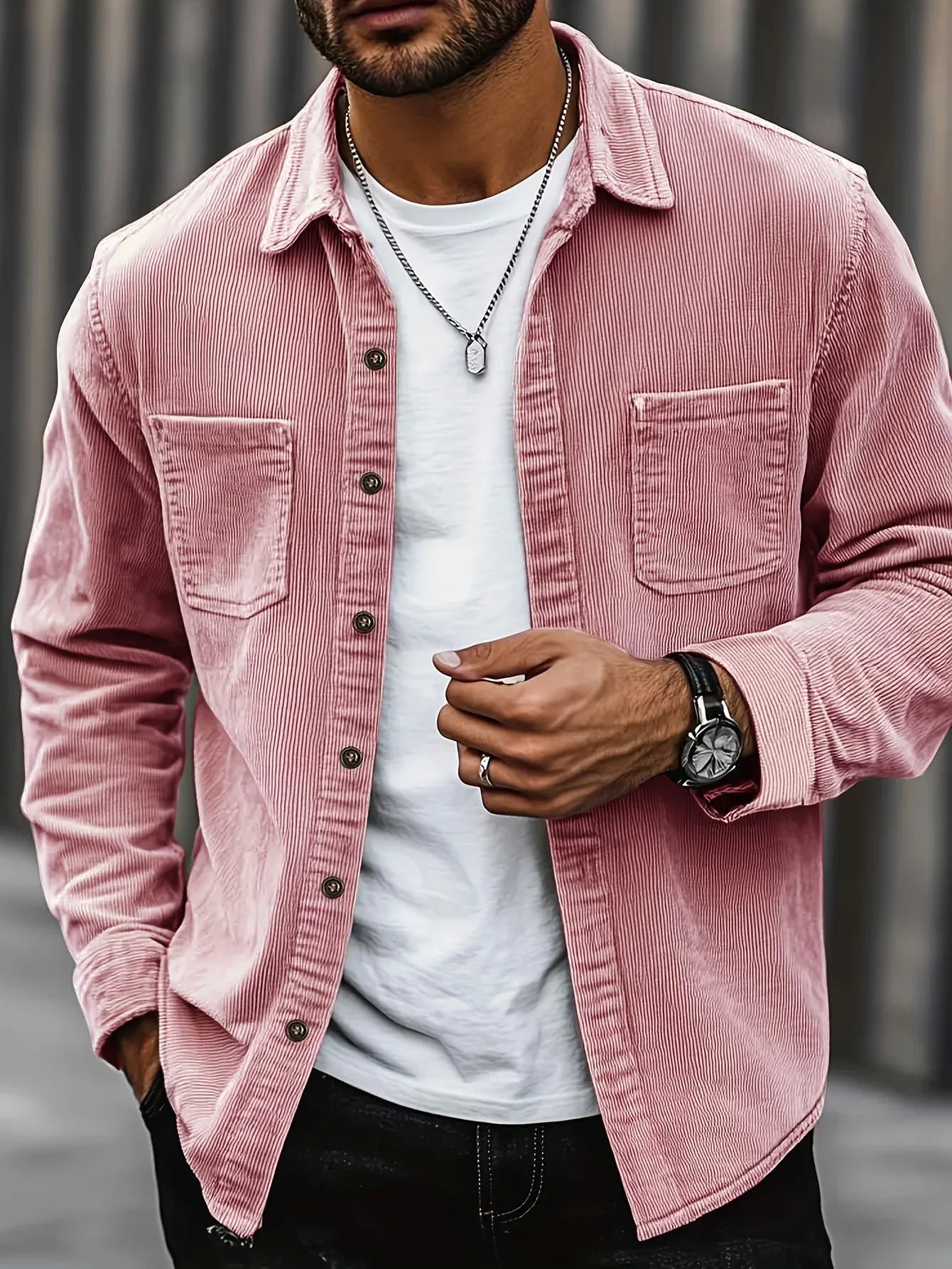 Men'S Corduroy Casual Shirt Jacket - Classic Collar, Button-Up Long Sleeve with Double Chest Pockets, Light Blue, Perfect for Spring & Fall, Everyday Fashion, Street Style, and Office Wear
