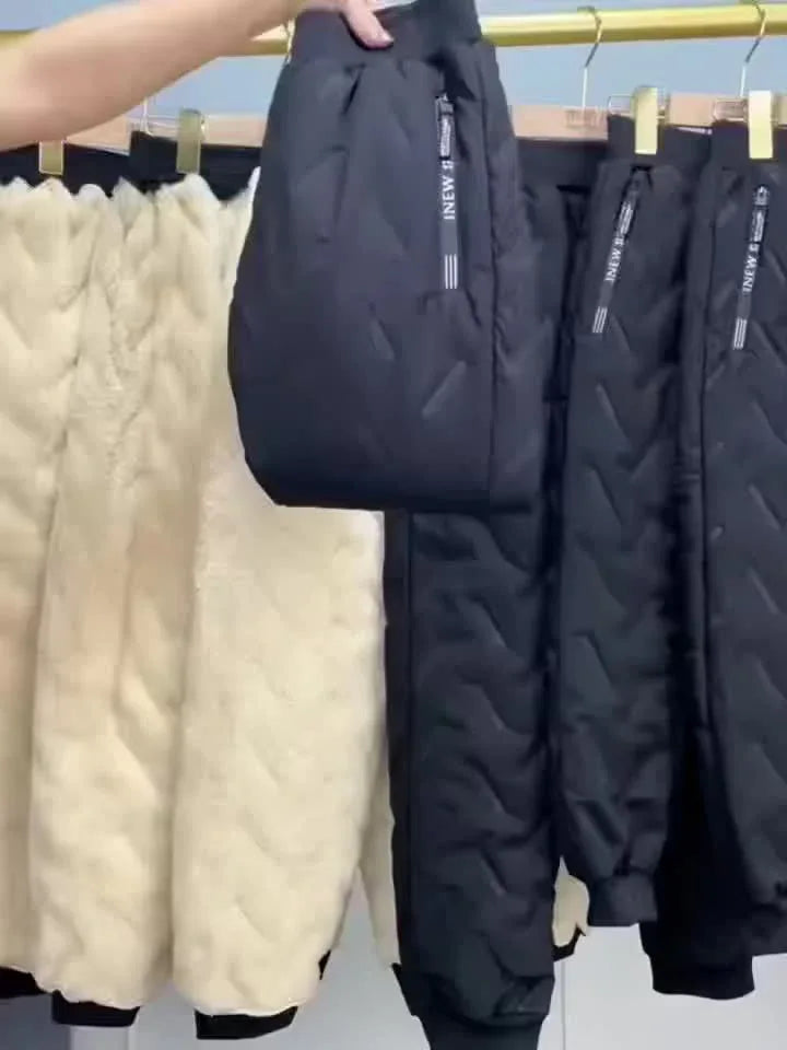 Men'S and Women'S Thickened Winter Jogger Pants with Plush Fleece Lining - Warm, Leak-Proof, Windproof, Adjustable Drawstring Waist, Zipper Pockets, Solid Color for Casual Home and Outdoor Use