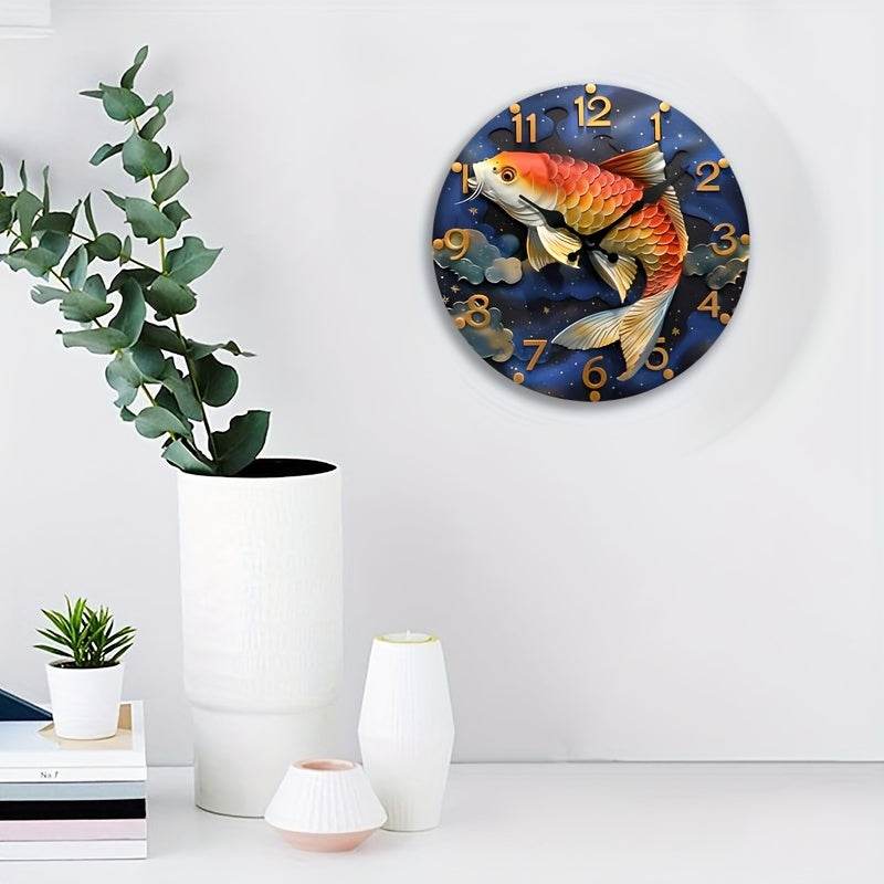 Red Koi Fish Silent Wall Clock Wooden Round Digital Display - Montero Milan