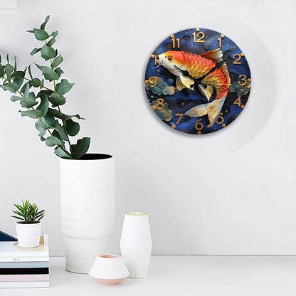 Red Koi Fish Silent Wall Clock Wooden Round Digital Display - Montero Milan