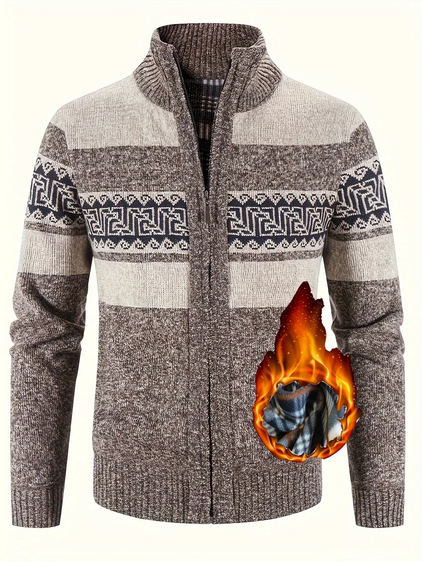 Men's Thermal Fleece-Lined Sport Knit Sweater with Zipper Pockets - Ethnic Wave Pattern, Stand Collar, Long Sleeve for Hiking, Cycling & Casual Winter Wear - Father’s Day Gift, Winter Knit Fabric