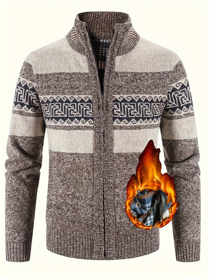 Men's Thermal Fleece-Lined Sport Knit Sweater with Zipper Pockets - Ethnic Wave Pattern, Stand Collar, Long Sleeve for Hiking, Cycling & Casual Winter Wear - Father’s Day Gift, Winter Knit Fabric