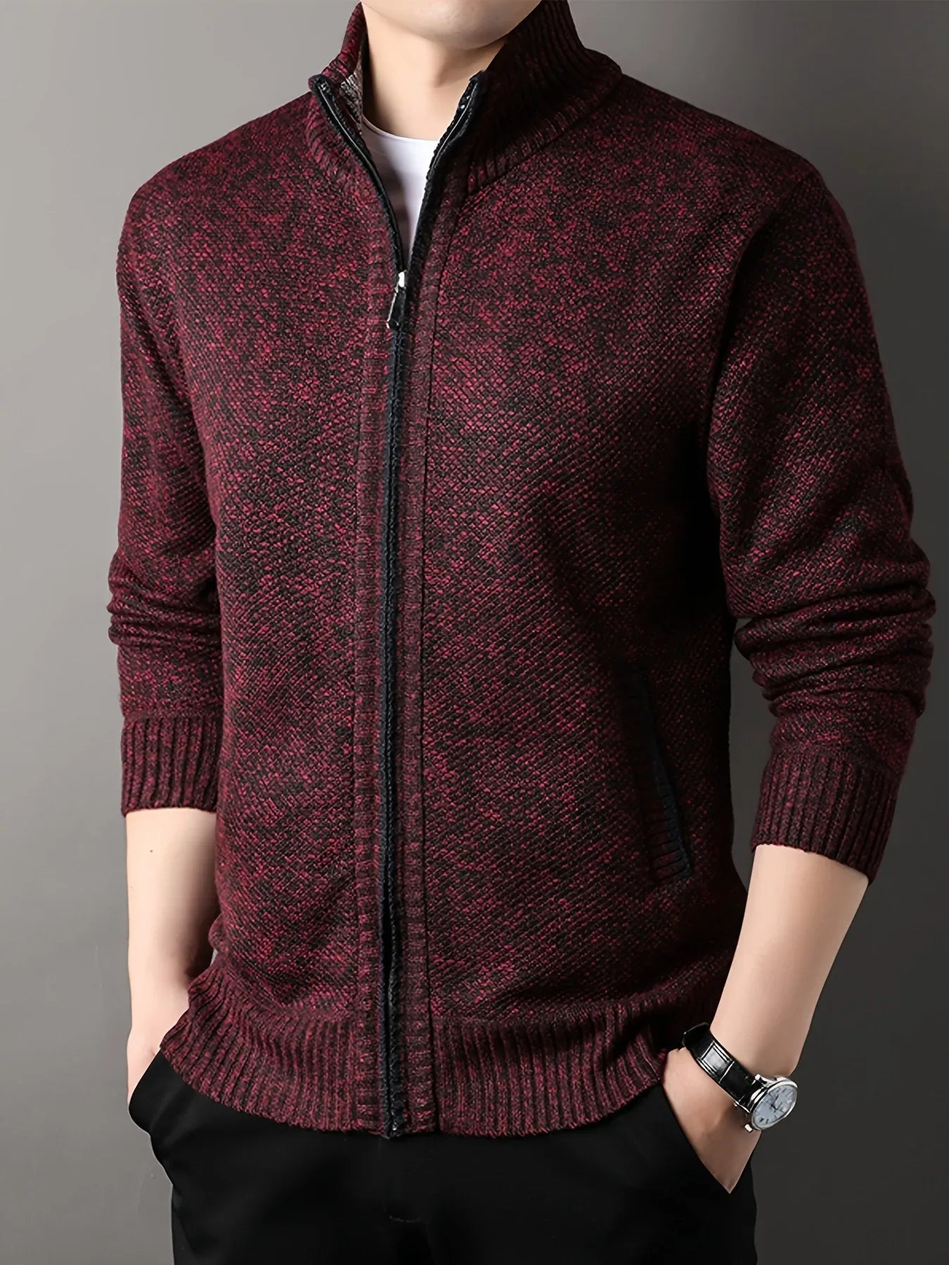 Men'S Thick Fleece Zip-Up Cardigan - Casual Long Sleeve Knit Sweater with Stand Collar, Solid Color, Regular Fit for Fall/Winter, Comfortable Layering Piece, Winter Cardigan, Autumn Outerwear, Modern Casualwear, Durable Fabri