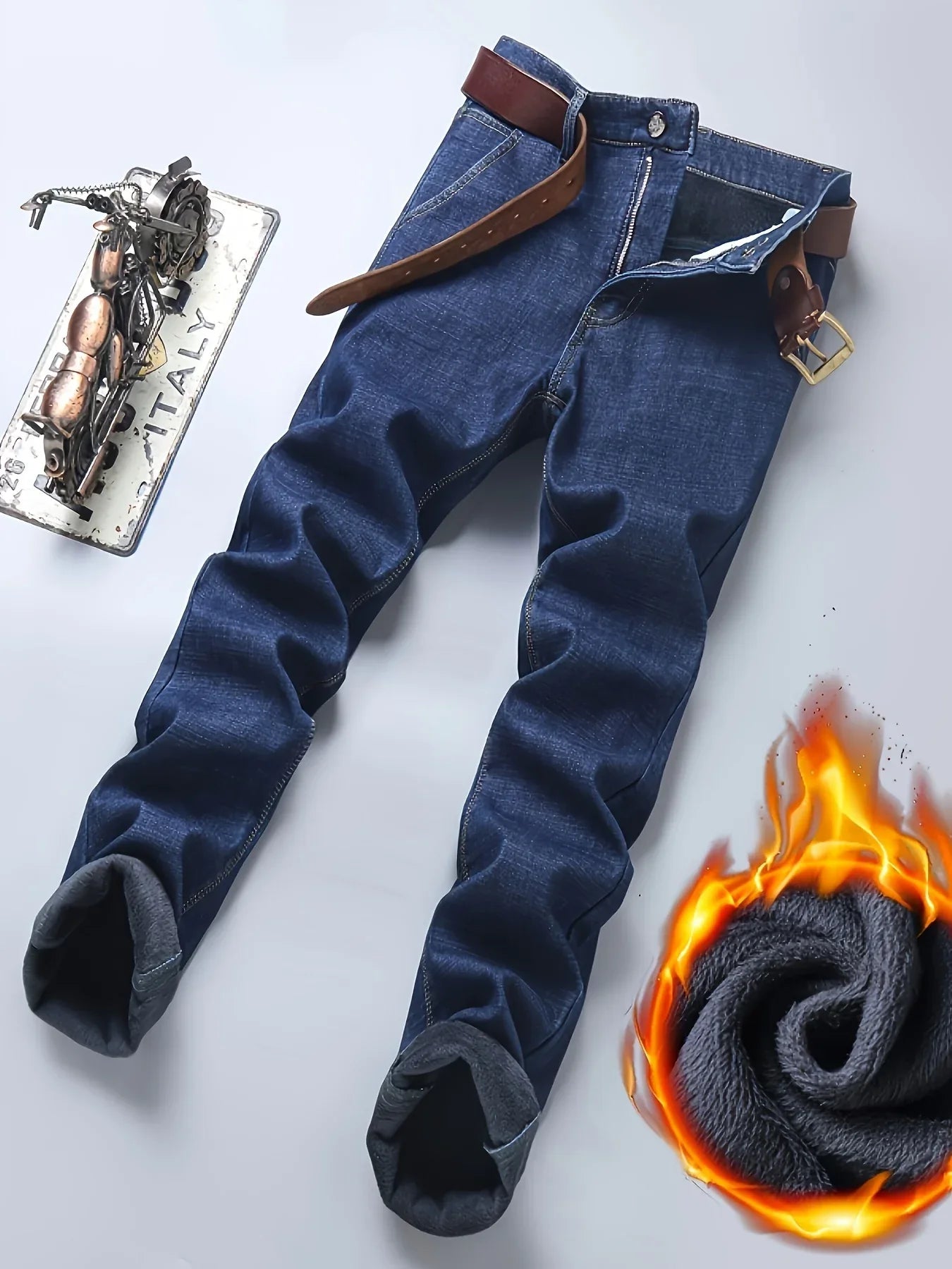 Men'S Heavy-Duty Thermal Faux Denim - Winter Warmth Thickened Pants with Straight-Leg Fit, Classic Blue Washed Look for Work, Casual & Formal Outfits - Non-Stretch Faux Denim for Cold Weather (Fall/Winter), Winter Faux Denim,