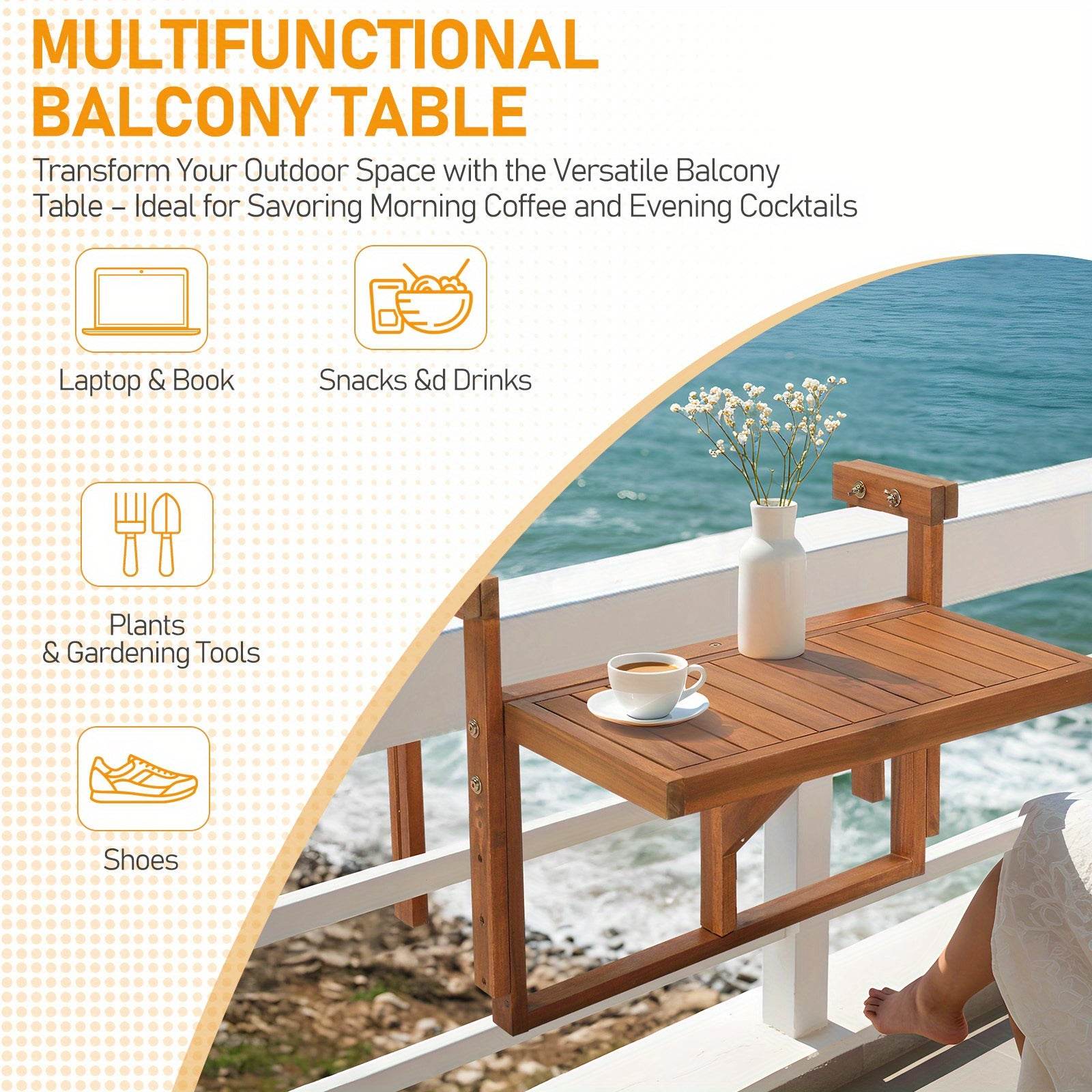 25in Hangable Folding Square/Semi-Round Acacia Wood Patio Side Table - Space-Saving Foldable Design with Storage Shelf, Weather-Resistant for Deck, Balcony, Garden Outdoor Furniture, Outdoor Patio Furniture, Balcony Decor, Rustic Style, Sturdy Constructio - Montero Milan