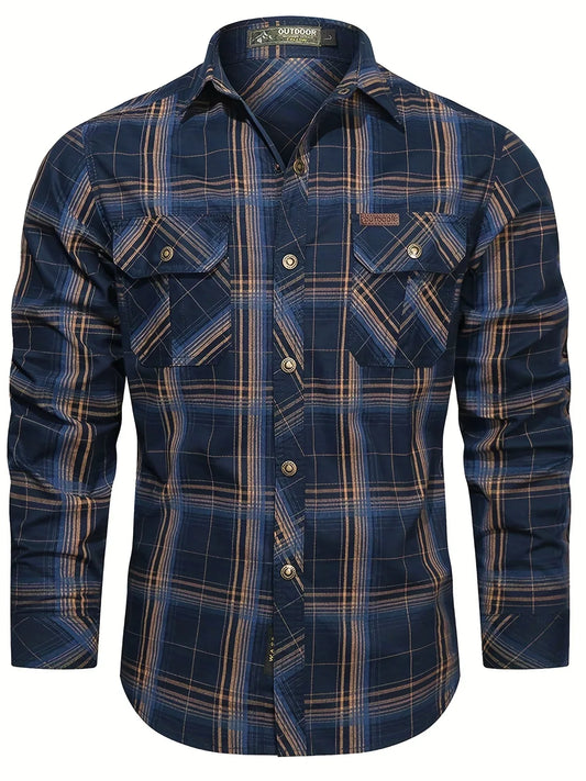 Men'S Vintage Plaid Long Sleeve Shirt with Multiple Pockets - Beige & Brown Checkered Pattern, Button-Up Collared Design for Spring/Fall Casual Wear, Fall Casual Wear | Checkered Pattern Shirt | Nonstretch Fabric