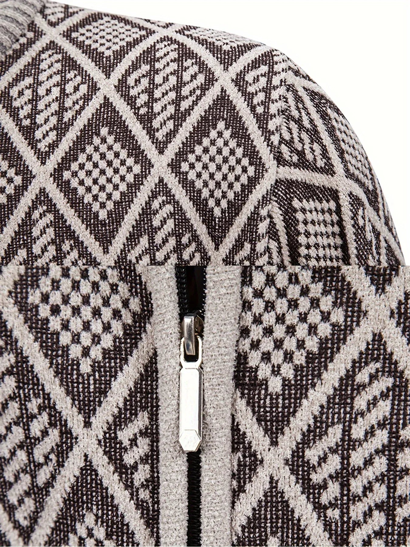 Men's Knitted Sweater Korean Style Autumn and Winter Trendy Casual Stand Collar Cardigan Jacket for Men, Comfortable and Versatile Rhombus Pattern