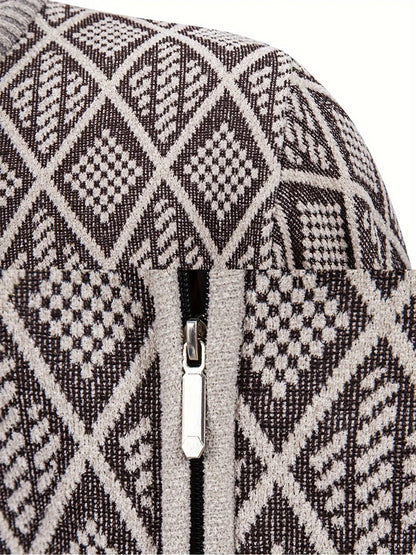 Men's Knitted Sweater Korean Style Autumn and Winter Trendy Casual Stand Collar Cardigan Jacket for Men, Comfortable and Versatile Rhombus Pattern