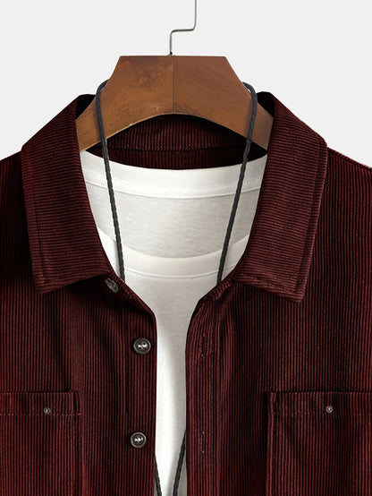 Men'S Corduroy Casual Shirt Jacket - Classic Collar, Button-Up Long Sleeve with Double Chest Pockets, Light Blue, Perfect for Spring & Fall, Everyday Fashion, Street Style, and Office Wear