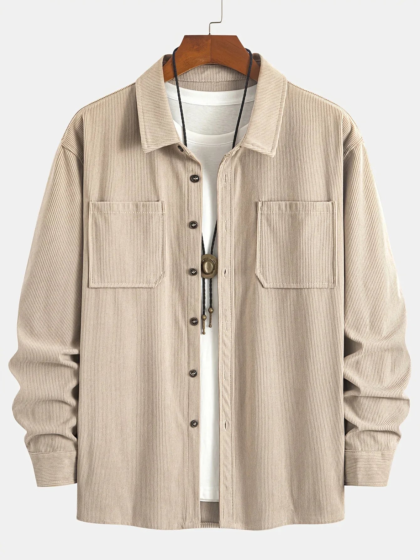 Men'S Corduroy Casual Shirt Jacket - Classic Collar, Button-Up Long Sleeve with Double Chest Pockets, Light Blue, Perfect for Spring & Fall, Everyday Fashion, Street Style, and Office Wear