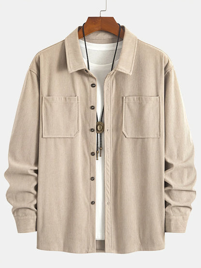 Men'S Corduroy Casual Shirt Jacket - Classic Collar, Button-Up Long Sleeve with Double Chest Pockets, Light Blue, Perfect for Spring & Fall, Everyday Fashion, Street Style, and Office Wear