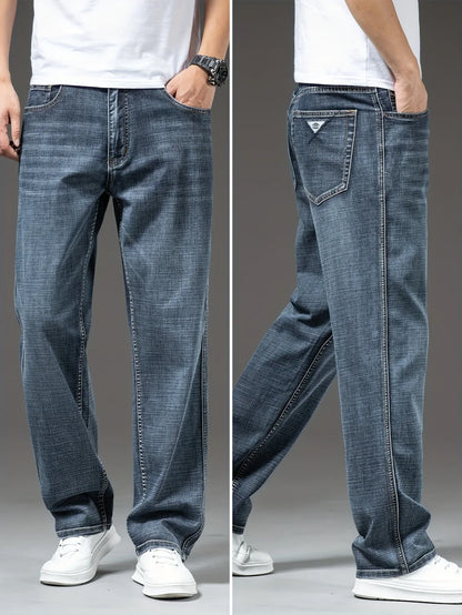 Gengyuanxi High-End Summer Men's Jeans: New Trendy Straight-Leg Stretch Business Casual Long Pants