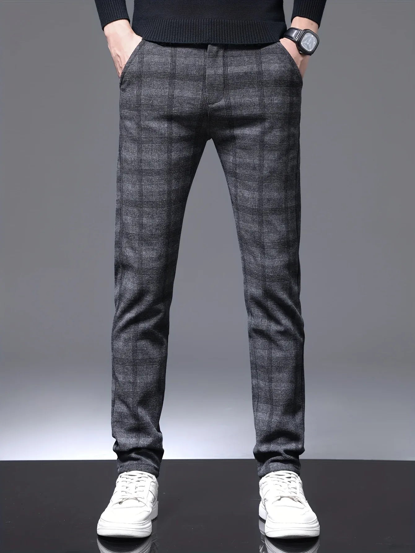 Men's Slim-Fit Plaid Casual Pants - Stretchy, Warm Fleece-Lined for Fall/Winter, Machine Washable