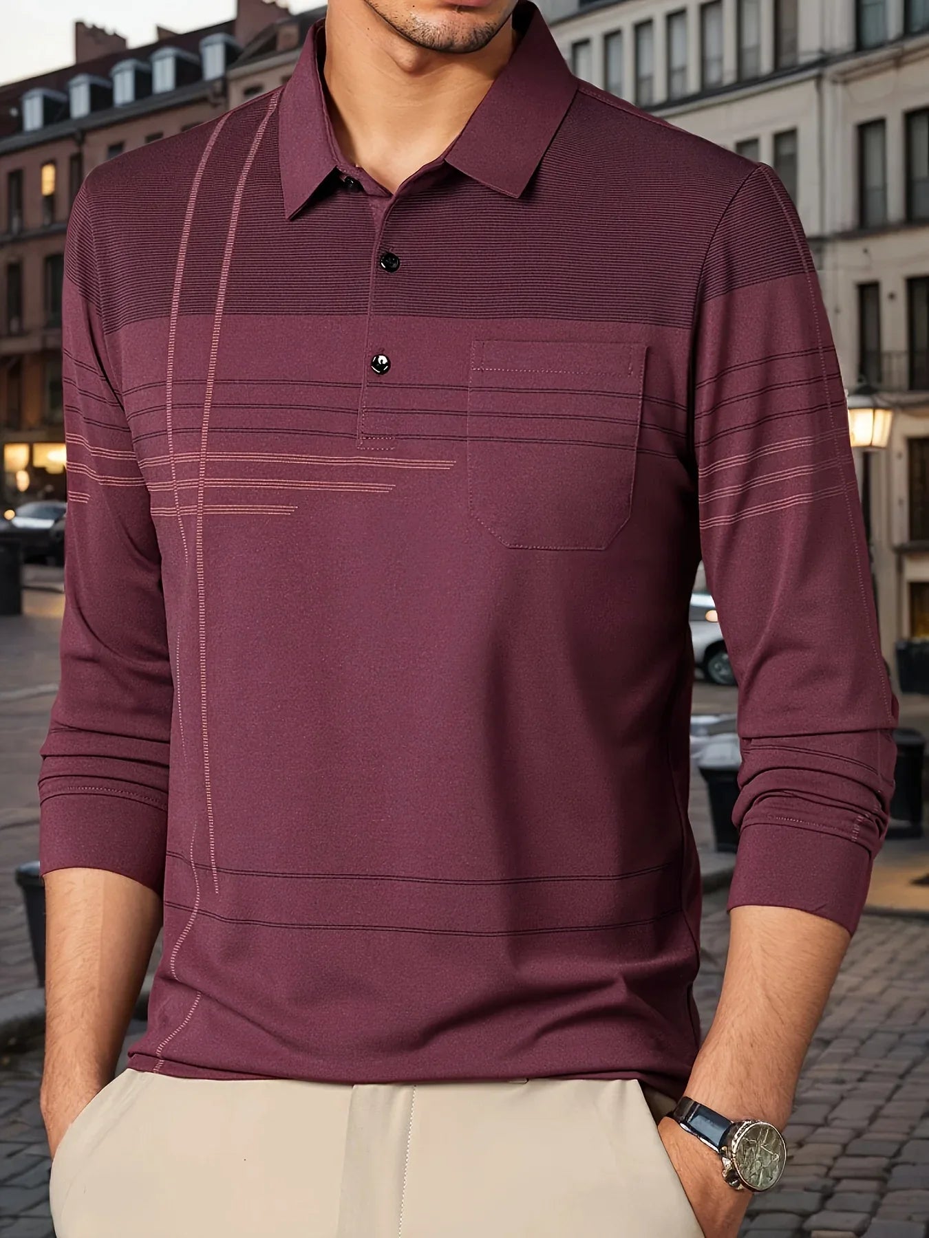 Men's Vintage-Inspired Striped Shirt with Chest Pocket - Breathable, Long Sleeve, Button Detail for Golf & Outdoor Activities