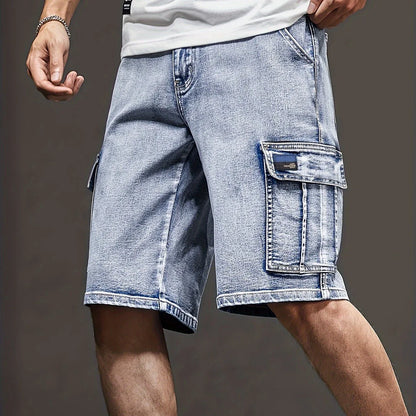 Men's Stretch Denim Shorts - Multi-Pocket Casual Streetwear with Knee-Length, Machine Washable Everyday & Formal Shorts for Urban Outfits - Non-See-Through Denim Construction