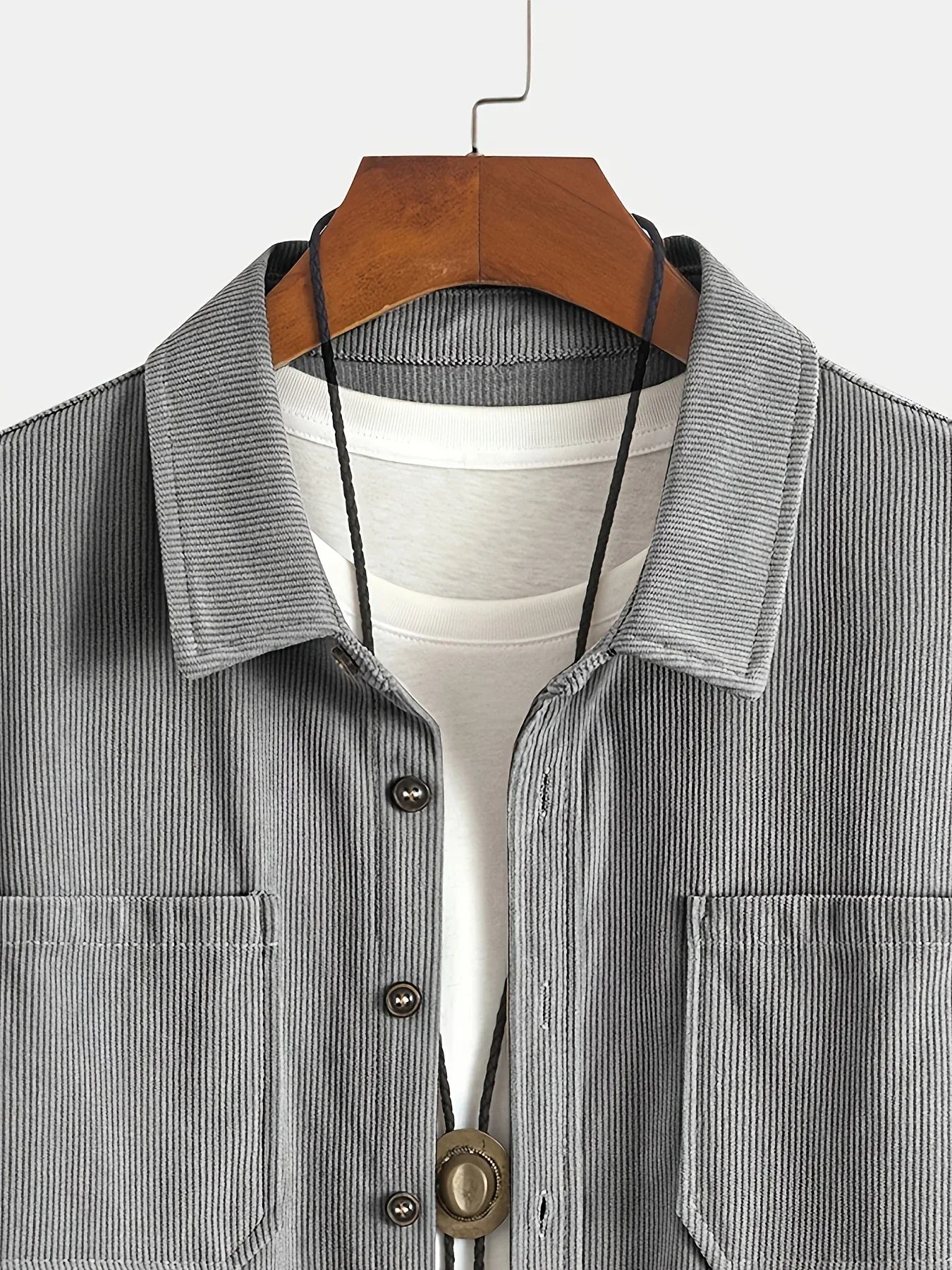 Men'S Corduroy Casual Shirt Jacket - Classic Collar, Button-Up Long Sleeve with Double Chest Pockets, Light Blue, Perfect for Spring & Fall, Everyday Fashion, Street Style, and Office Wear