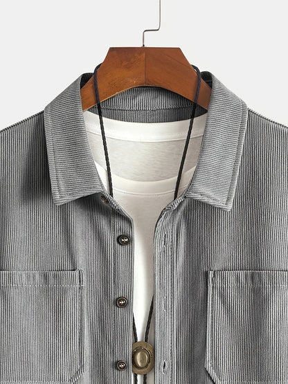 Men'S Corduroy Casual Shirt Jacket - Classic Collar, Button-Up Long Sleeve with Double Chest Pockets, Light Blue, Perfect for Spring & Fall, Everyday Fashion, Street Style, and Office Wear