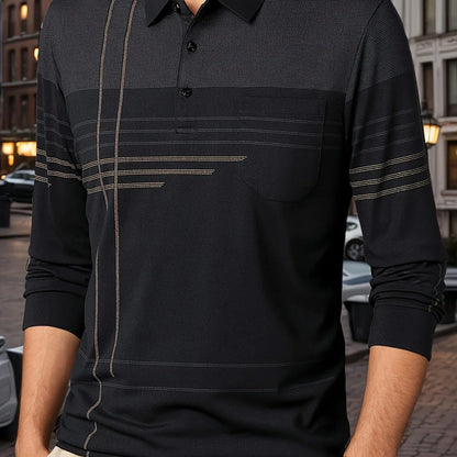 Men's Vintage-Inspired Striped Shirt with Chest Pocket - Breathable, Long Sleeve, Button Detail for Golf & Outdoor Activities
