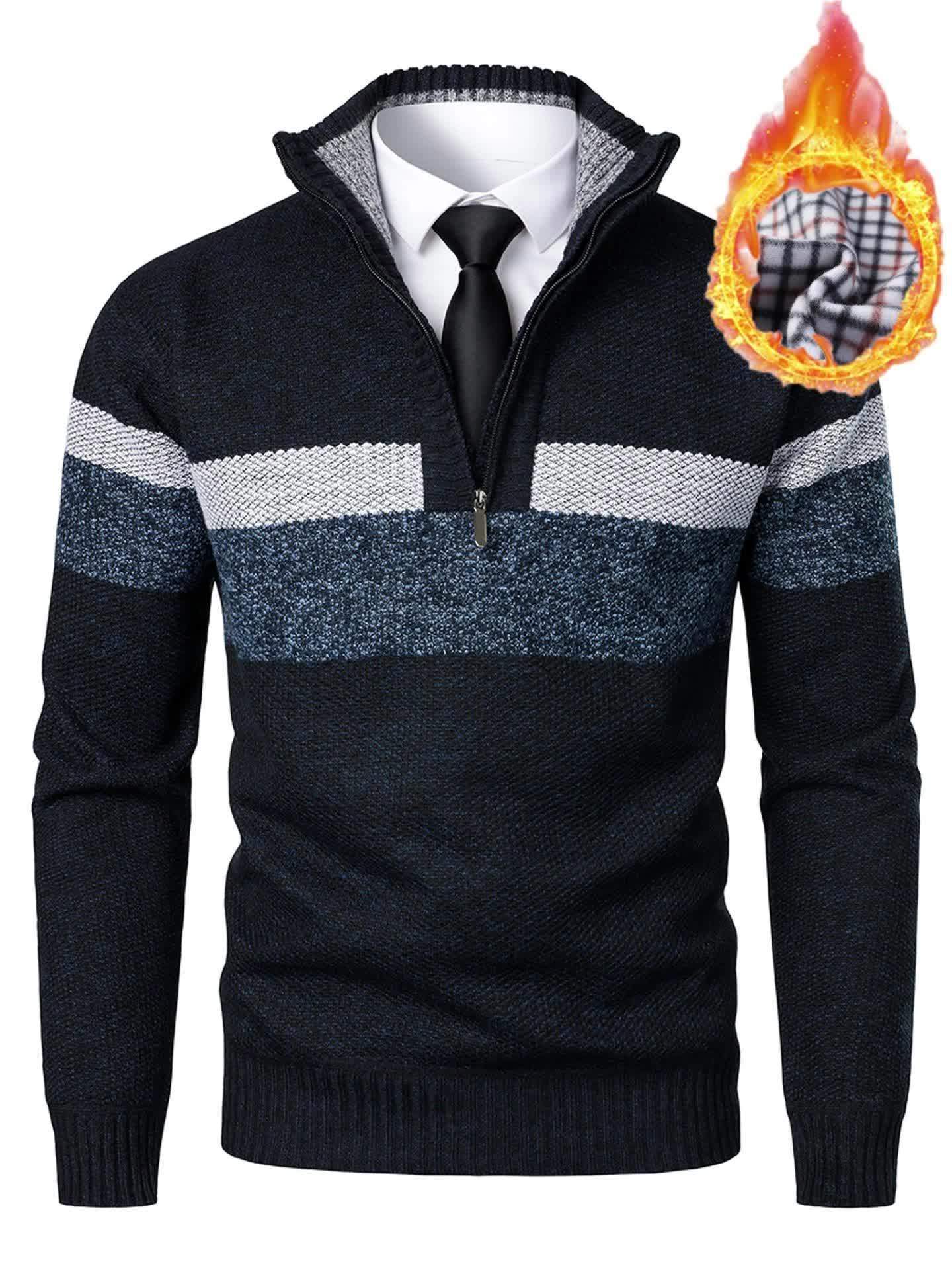 Men'S Color-Blocked Stand Collar Thickened Knitted Pullover Sweater