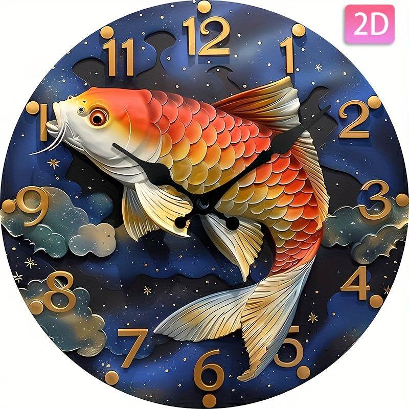 Red Koi Fish Silent Wall Clock Wooden Round Digital Display - Montero Milan